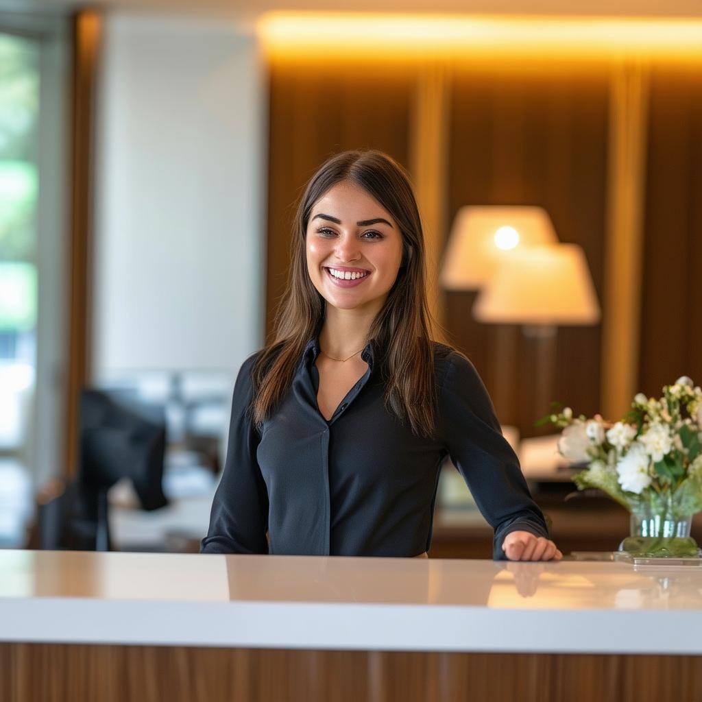 A friendly female receptionist standing behind a modern reception desk in a bright and welcoming hotel lobby