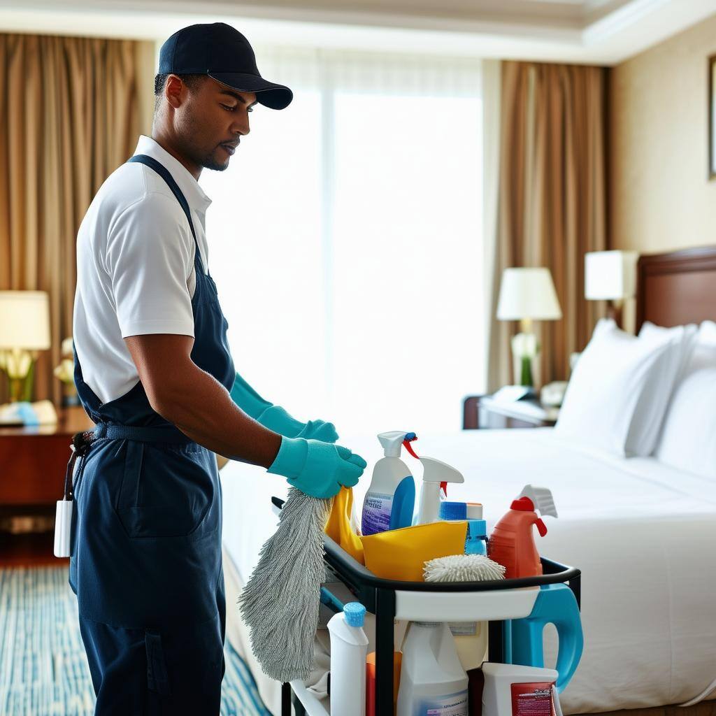 A male housekeeper in a neat, professional uniform, cleaning a welldecorated hotel room